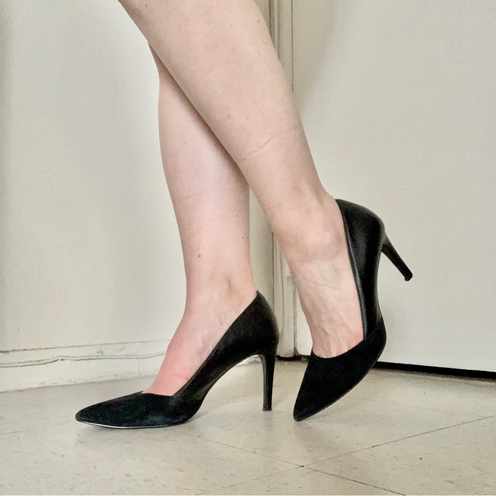 BCBGeneration black leather suede heels office business casual wedding classic